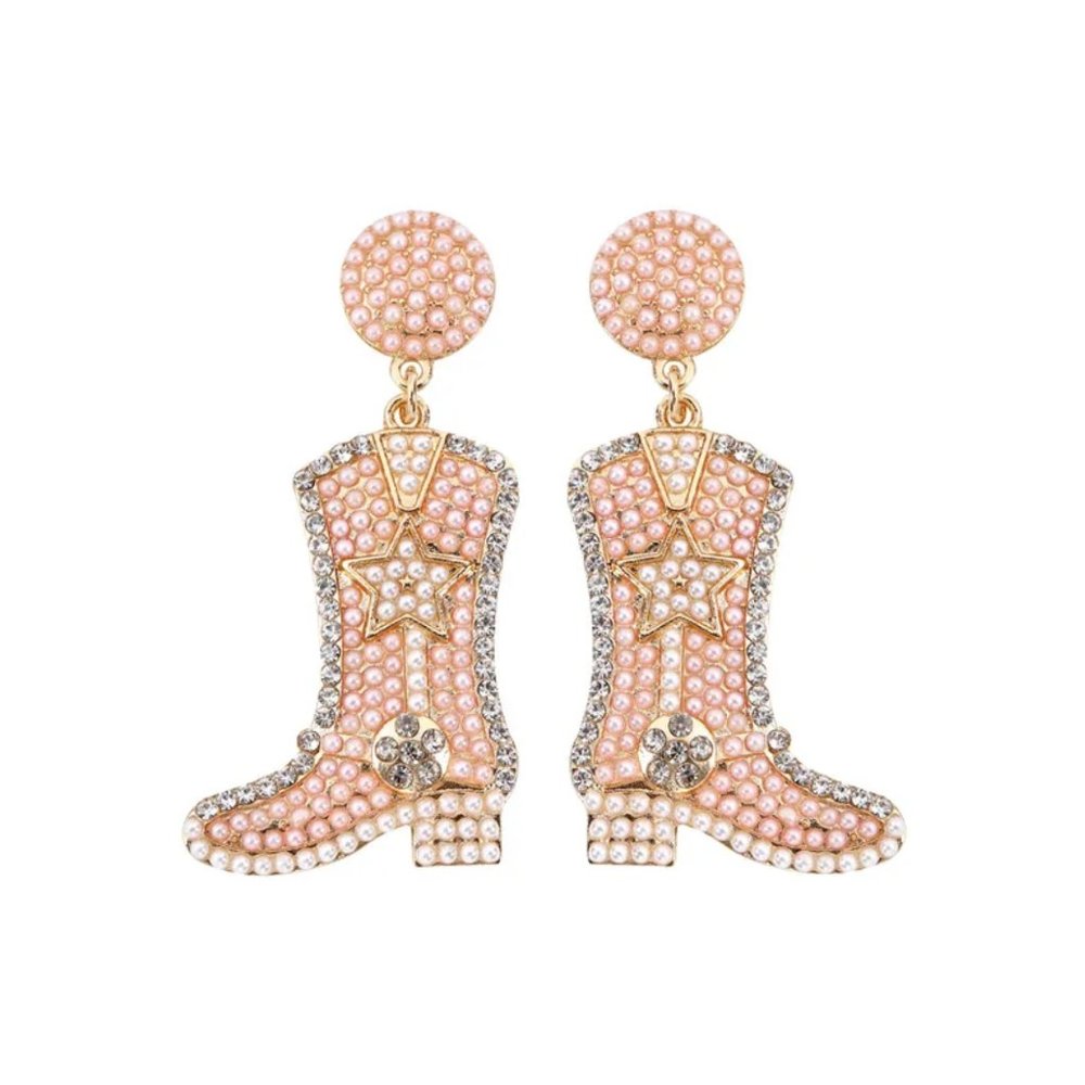 Sparkly Pink Pearl & CZ Diamond Western Cowgirl Cowboy Boots Dangle Earrings NEW - Picture 1 of 4